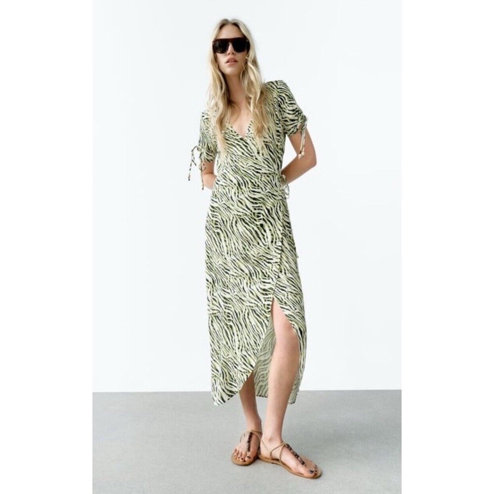Zara Zebra-Print Midi Wrap V-Neck Dress | Size S